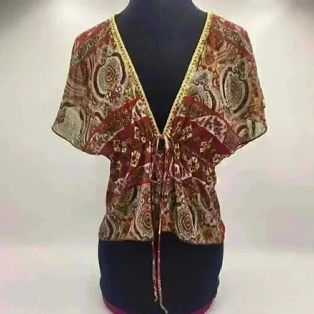 Trixxi Date Night Front Tie Top with Gold Braid Trim & Sequin Detail at Neckline